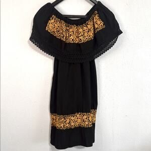 Mexican Style Off the Shoulder Style  Black Dress with Gold Embroidery Size M
